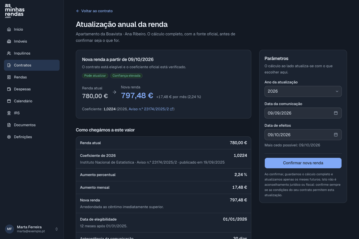 O cálculo da atualização, com a renda de partida, o coeficiente utilizado e a fonte oficial ao lado.