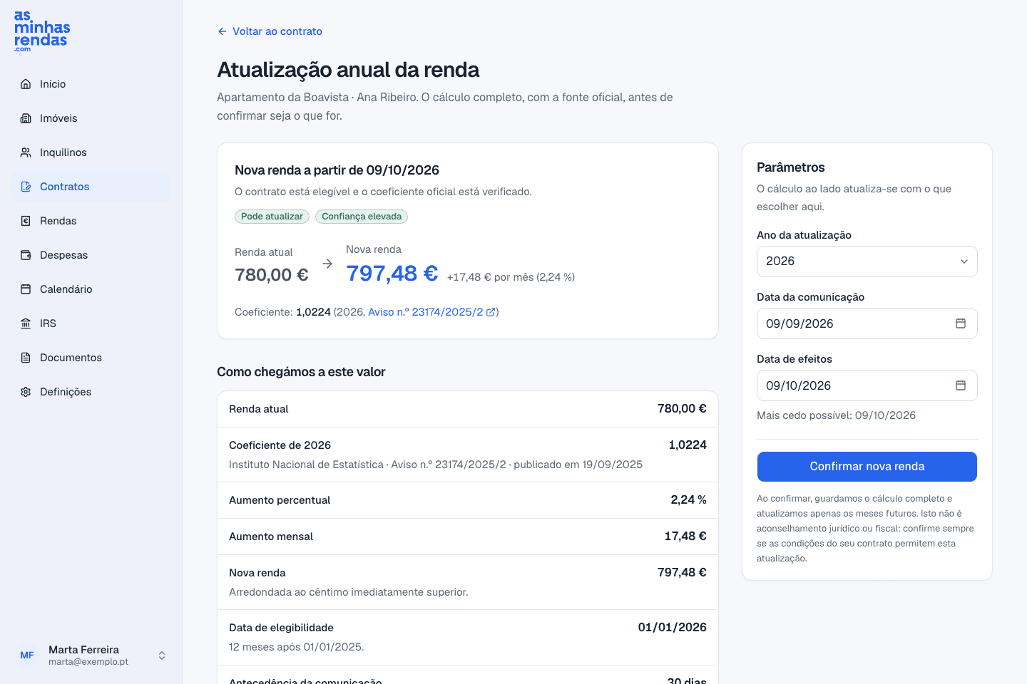 O cálculo da atualização, com a renda de partida, o coeficiente utilizado e a fonte oficial ao lado.
