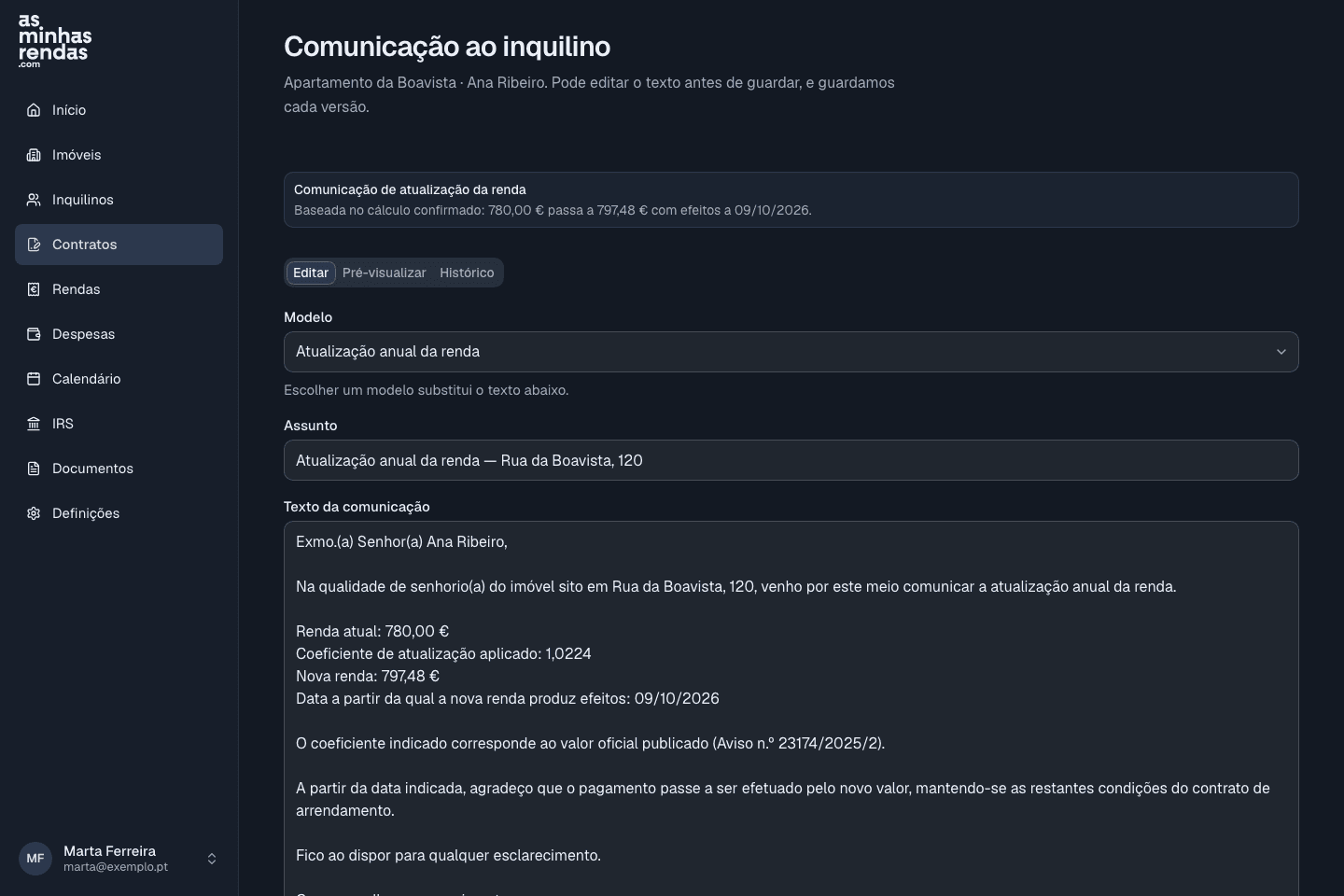 Uma carta ao inquilino já preenchida com os dados do contrato, pronta a rever.