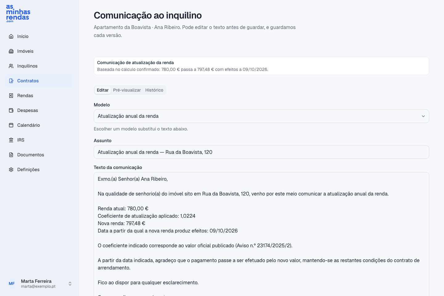 Uma carta ao inquilino já preenchida com os dados do contrato, pronta a rever.