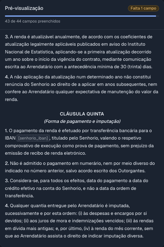 O contador de campos preenchidos e, no texto do contrato, o campo que ainda falta assinalado.