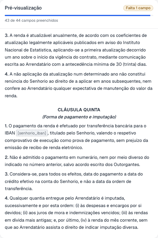 O contador de campos preenchidos e, no texto do contrato, o campo que ainda falta assinalado.