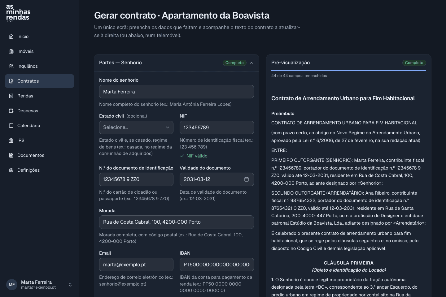 O ecrã de geração do contrato, com os dados do imóvel e das partes preenchidos.
