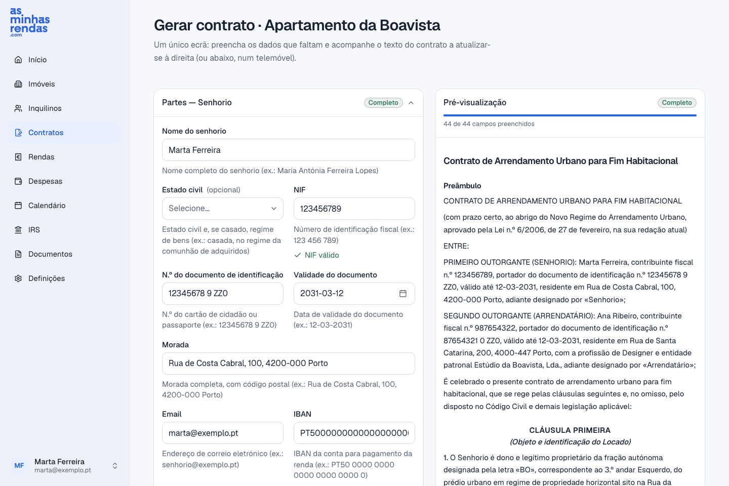 O ecrã de geração do contrato, com os dados do imóvel e das partes preenchidos.