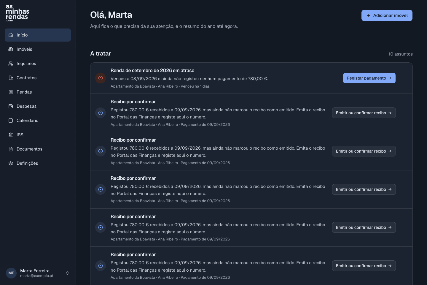 Painel de gestão com rendas recebidas, tarefas pendentes e resumo dos imóveis.