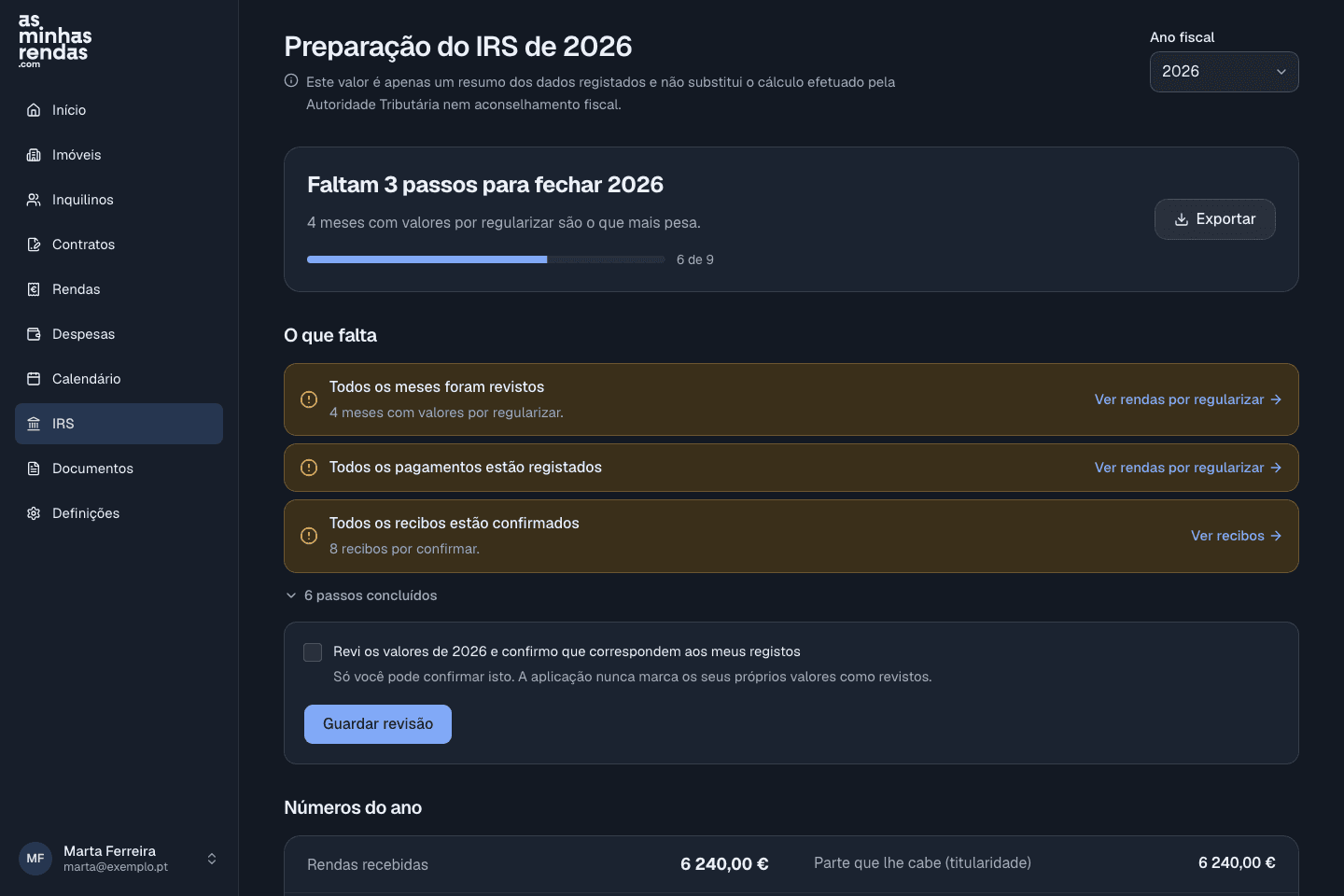 O resumo anual por imóvel, com as rendas recebidas e as despesas do ano fiscal escolhido.