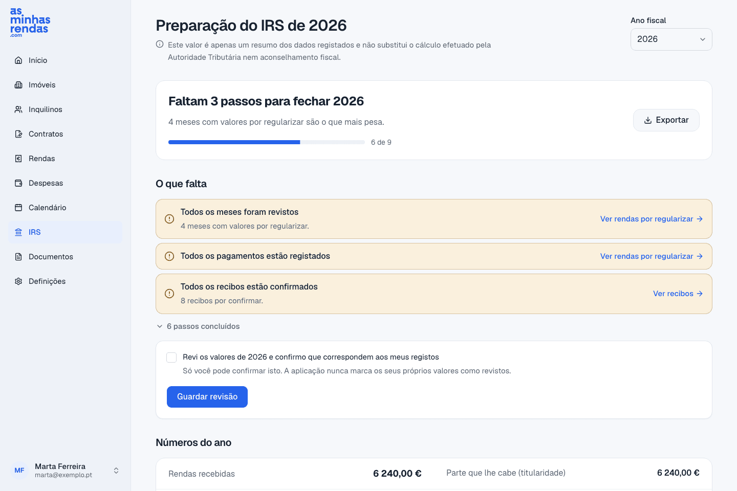 O resumo anual por imóvel, com as rendas recebidas e as despesas do ano fiscal escolhido.
