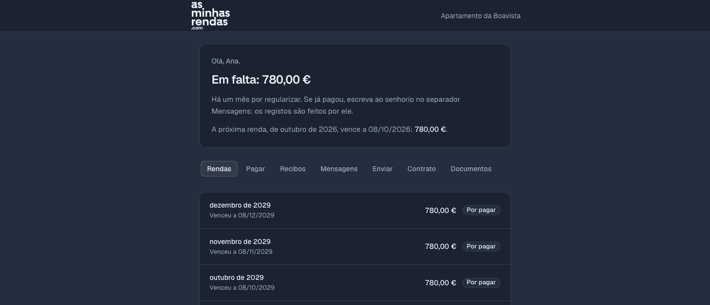 O portal visto pelo inquilino: o resumo do arrendamento e os separadores das rendas, dos recibos e dos documentos.