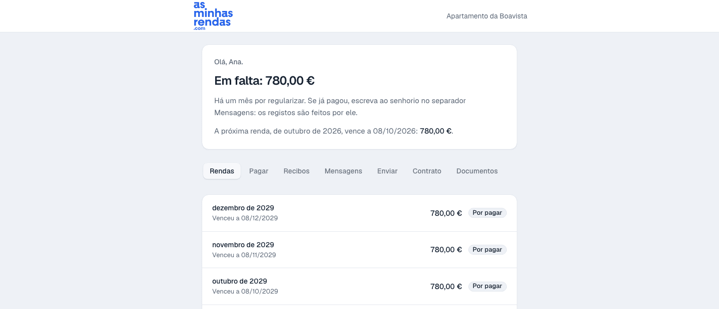 O portal visto pelo inquilino: o resumo do arrendamento e os separadores das rendas, dos recibos e dos documentos.